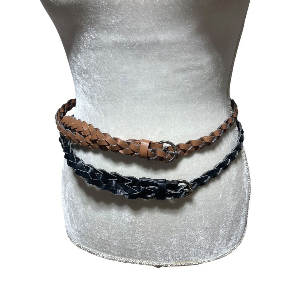 Lot of 2 Woven Braided Leather Women's Belt Size 10 Black Brown length 44"